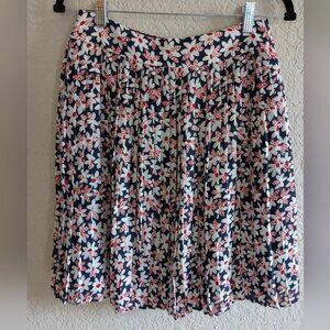 J. Crew Pleated Skirt Lined Back Zip Navy White Red Floral Knee Length Size 2